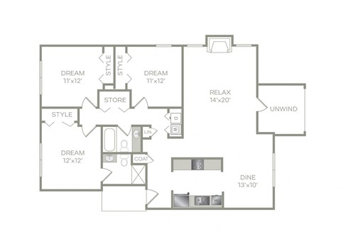 Floor plan for 3 beds, 2 baths, 1387 sqft
